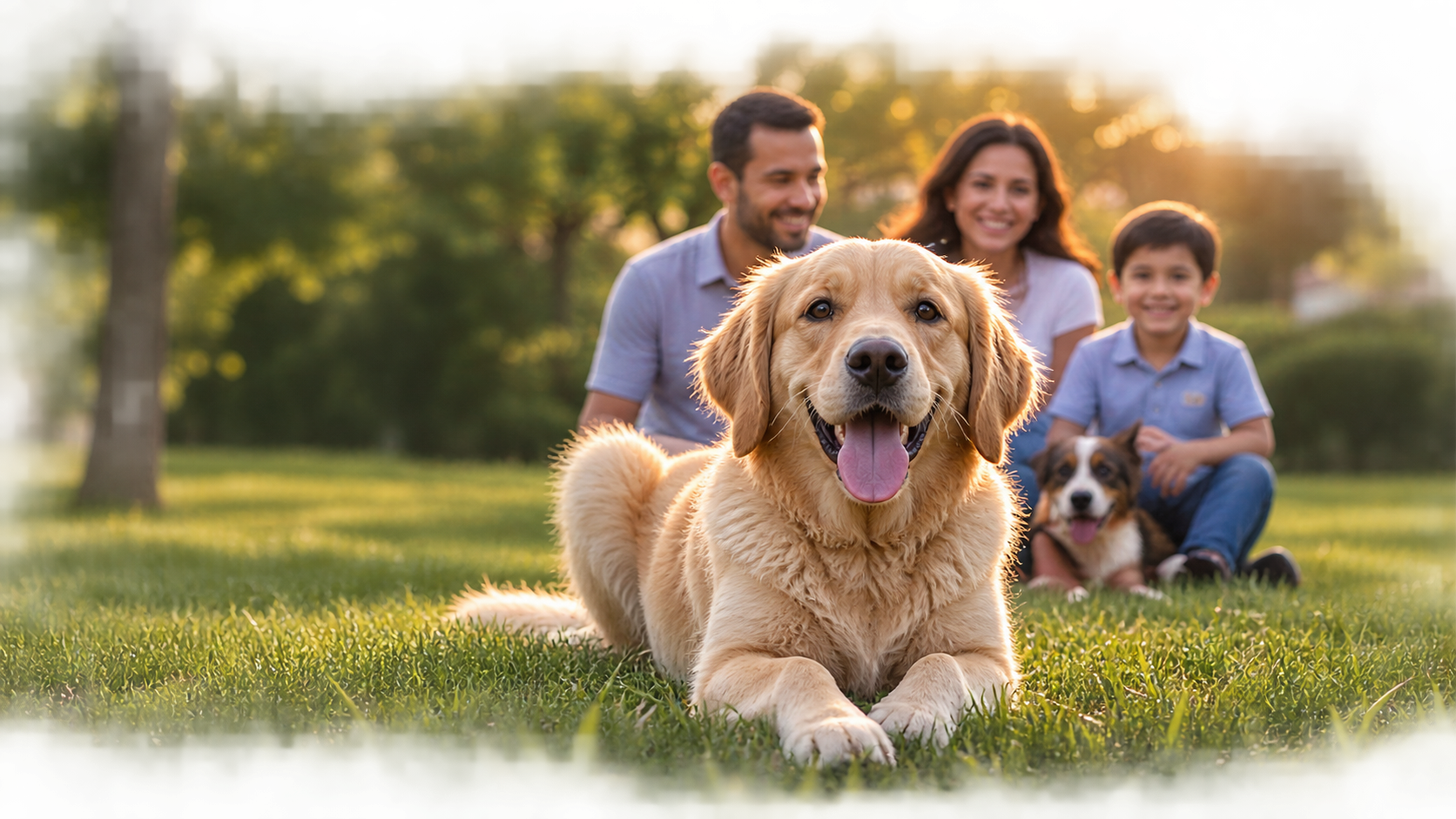 Familia jugando en el parque con su golden retriever y su perro mestizo