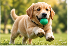 Cachorro jugando con una pelota en el jardín