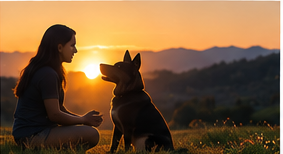 Perro adulto junto a su especialista al atardecer