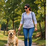 Persona paseando feliz con su perro entrenado
